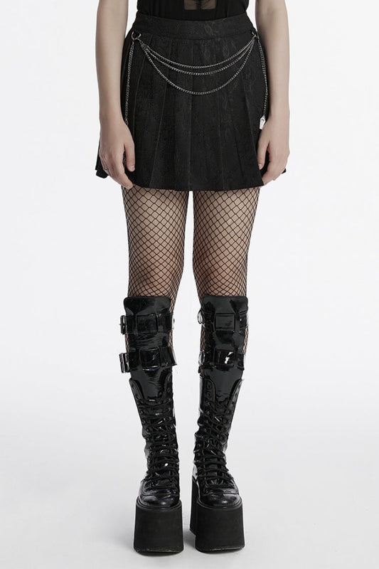 Chain-Adorned Pleated Punk Skirt with Lace Trim
