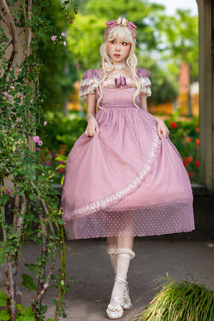 Rose Moon Goddess Mediana Polka Dot Print Ruffle Bow Asymmetrical Elegant Lolita Gown