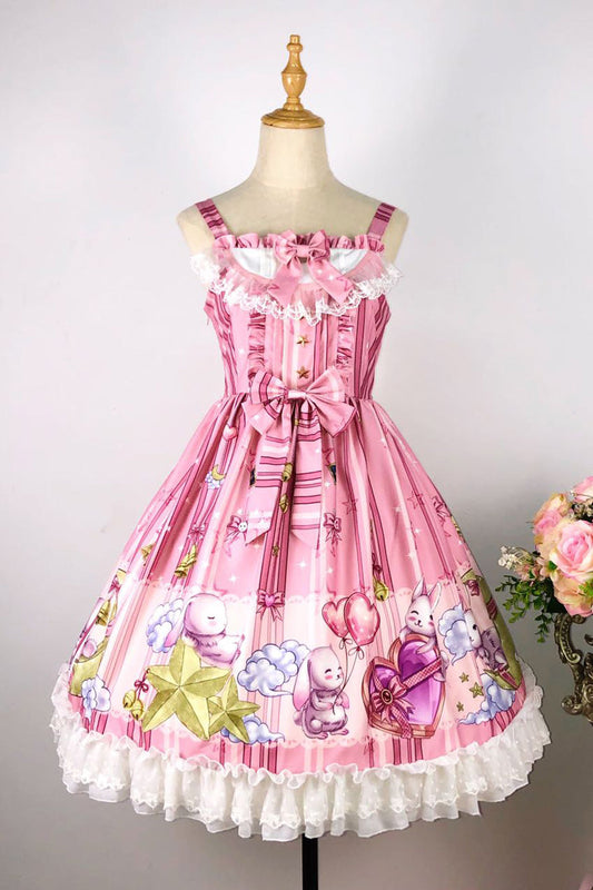 Bunny Star Paradise Sleeveless Print Ruffle Bowknot Lace Sweet Lolita Jsk Dress