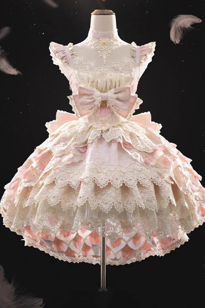 Rose Peacock Feather Tiered Ruffle Bride Cardigan Bow Lace Sweet Lolita JSK Set