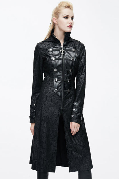 Hooded Shawl Collar Gothic Pattern Faux Leather Long Coat