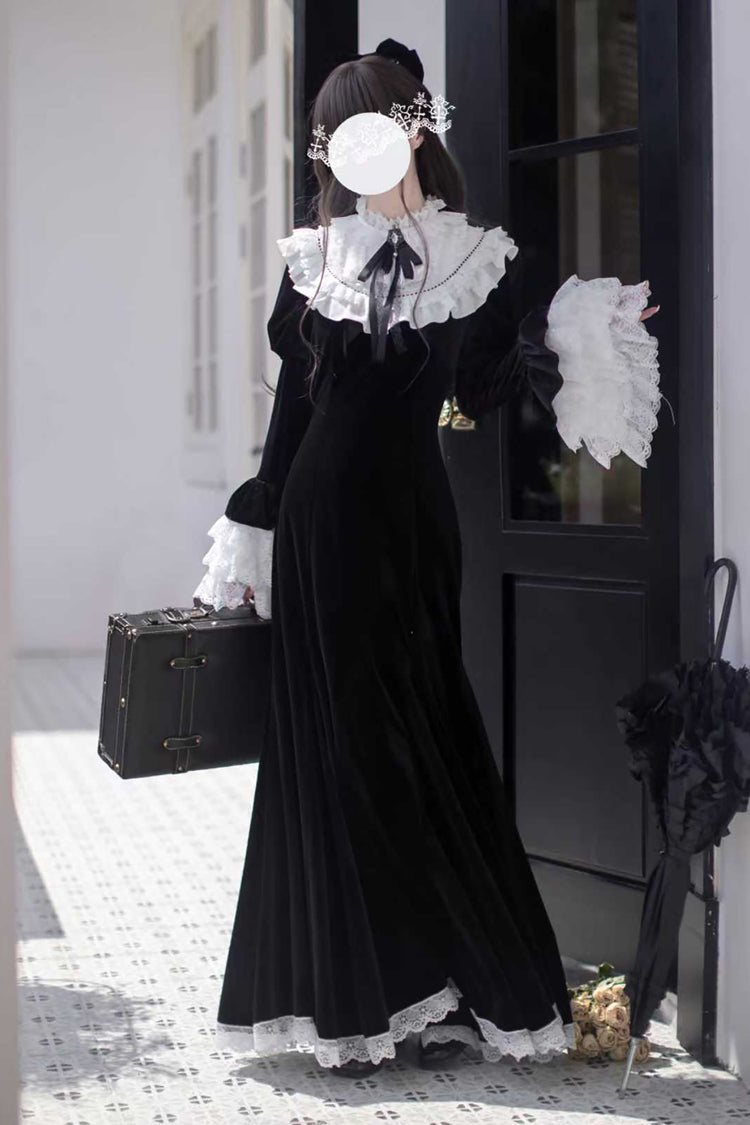 Velvet Gothic Elegant Fishtail Dress with Long Hime Sleeves and Bow - Raven-Feather Poetic Letter
