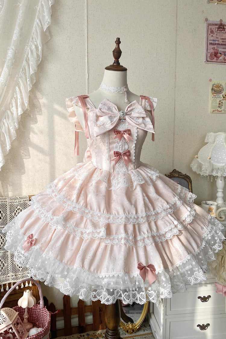 Pink Sweet Mist Cherry Romance Sleeveless Multi Layer Hanayome Bow Lace Lolita JSK