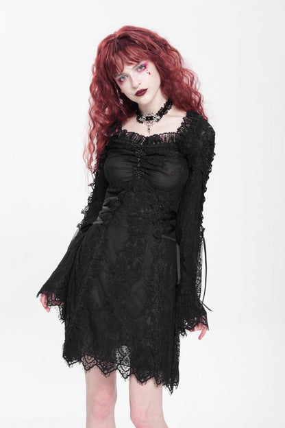 Square Collar Trumpet Sleeve Embroidered Lace-Up Gothic Dress