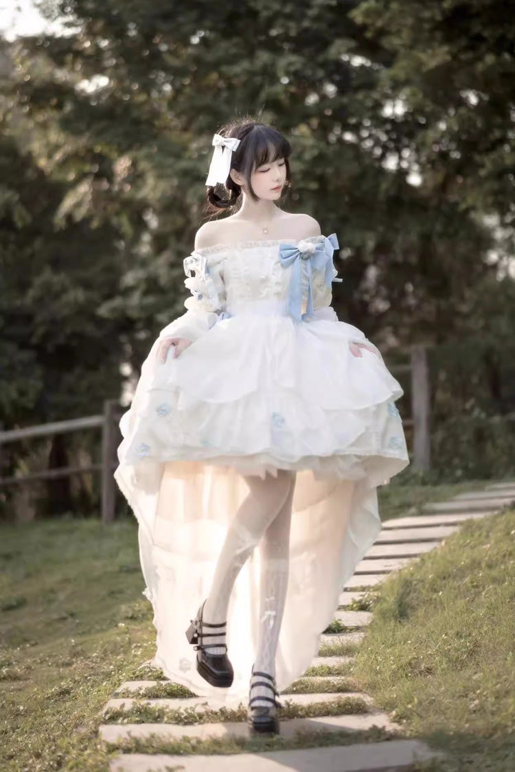 White Boat-Neck Multi-Layer Ruffled Hanayome Bow-Trim Sweet Princess Lolita Strapless Dress