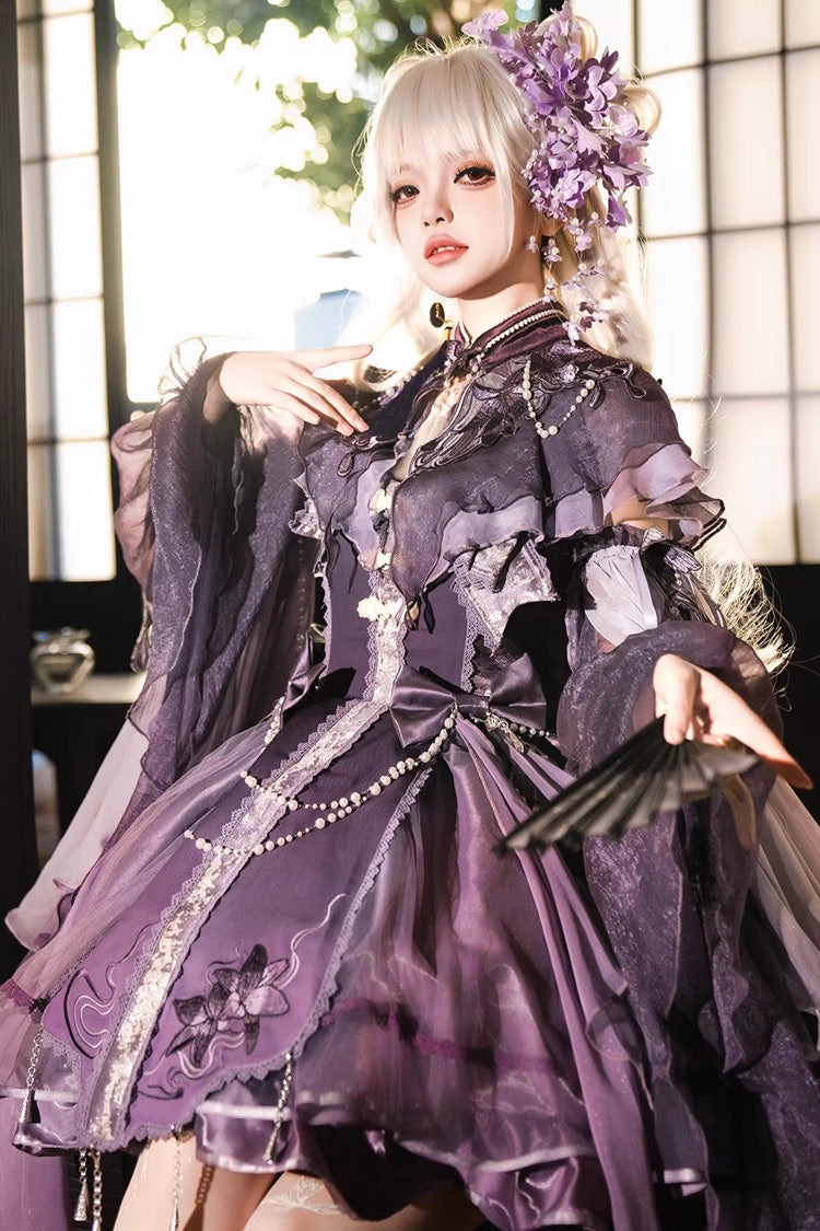 Embroidered Pearl Gothic Jumper Dress Set - Purple