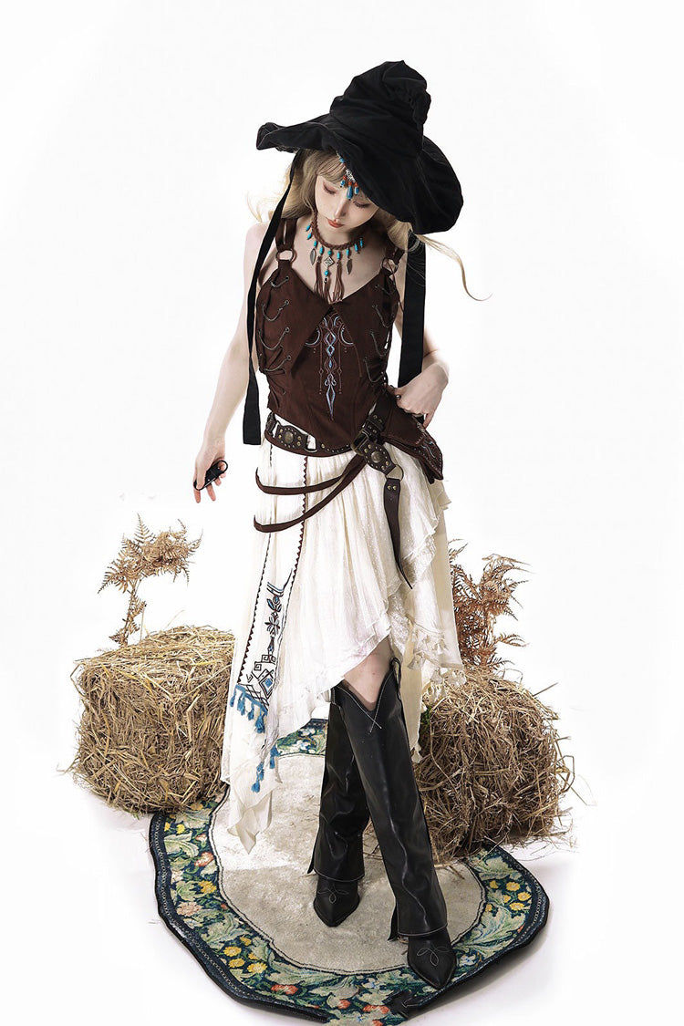 Brown White Dune Shadow Seeker Sleeveless Ruffle Embroidered Irregular Vintage Lolita Skirt Set