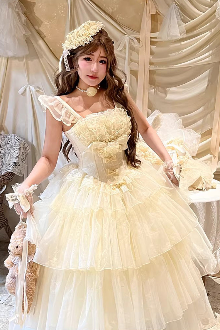 Mousse Serenade Triple-Layered Ruffled Hanayome Bow Lace Sweet Princess Lolita Strapless Dress in Beige