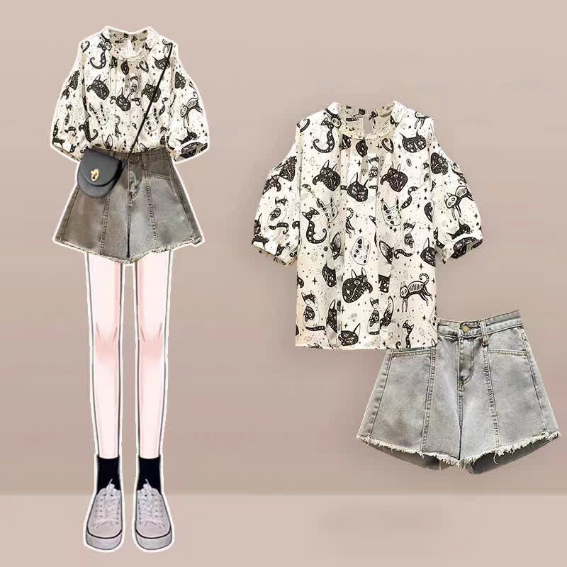 Chiffonhemd mit kaltem Schulter-Print und Kitty-Print, lässige Jeansshorts