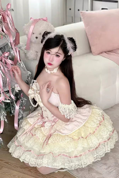 Tea Rose Dew Ruffle Bow Lace Sweet Lolita Skirt Dress in Yellow Pink