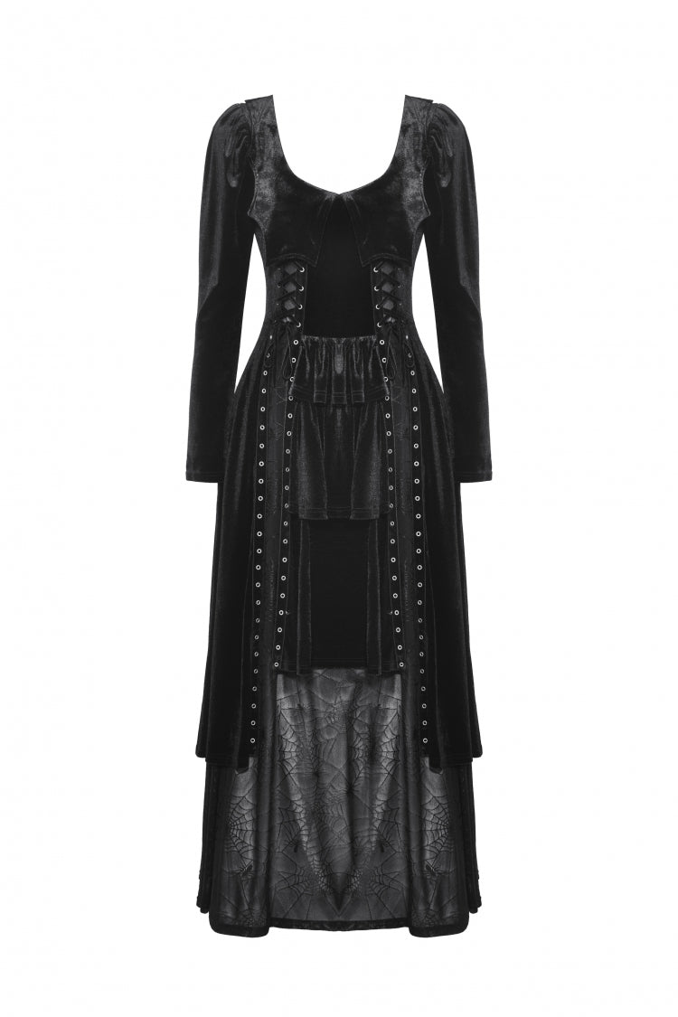 Coal Eyelet Side Slit Gothic Maxi Gown with Long Sleeves