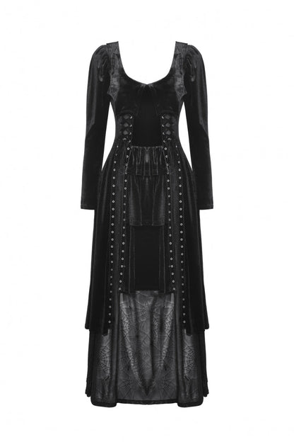 Coal Eyelet Side Slit Gothic Maxi Gown with Long Sleeves