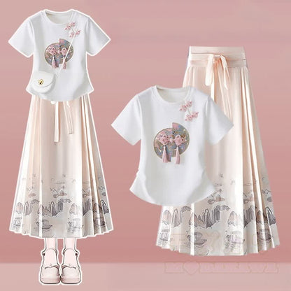 Skirt T-shirt Pieces Set Tassels Buckle Horse-face Two Vintage