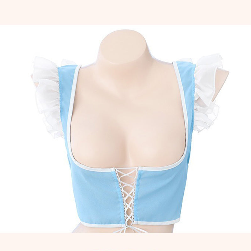 Ensemble de lingerie sexy bleu à lacets et manches bouffantes pour femme de chambre