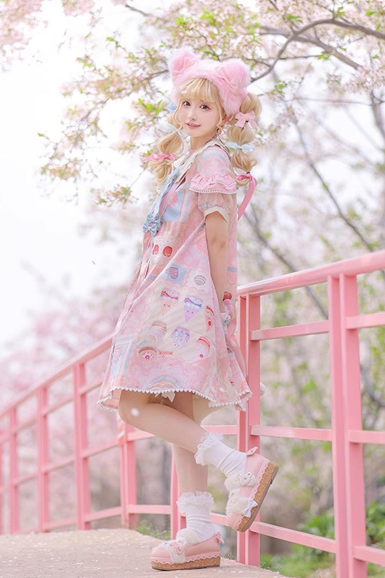 Chocolate Dessert Print Short-Sleeve Ruffled Bowknot Sweet Lolita Dress in Two Tones
