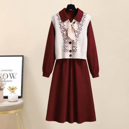 Rhombus Red Bow Print Knot Set Dress Vest