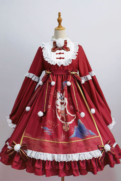 Red OP Dress Sweet Lolita Lion Hydrangea Print Bowknot Ruffled - Altfashion Shop