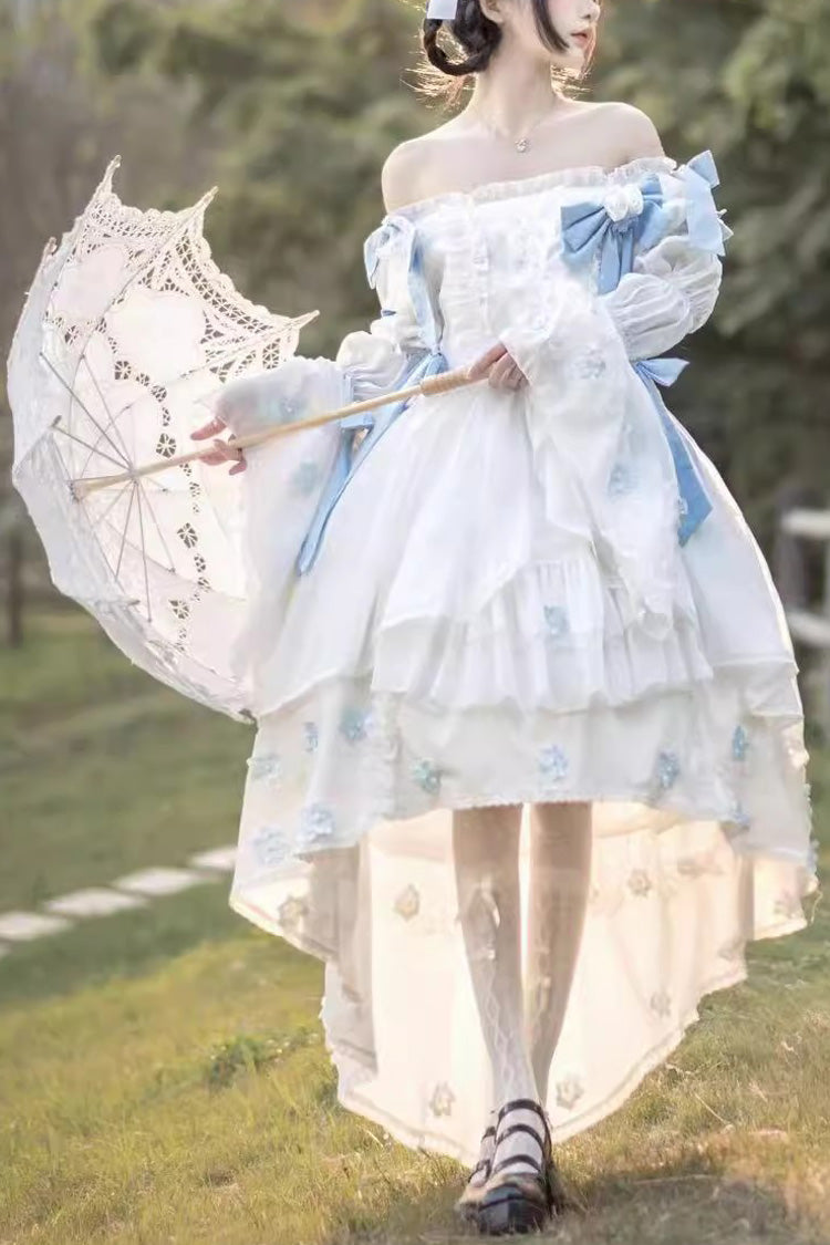 White Boat-Neck Multi-Layer Ruffled Hanayome Bow-Trim Sweet Princess Lolita Strapless Dress
