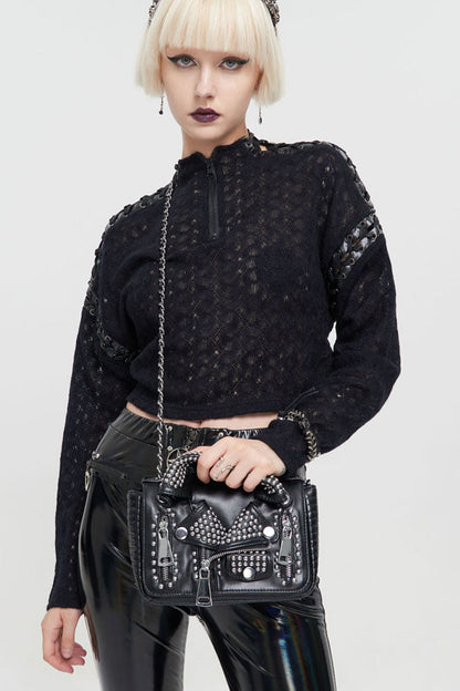 Edgy Rivet-Studded Faux Leather Shoulder Bag with Zipper Accents