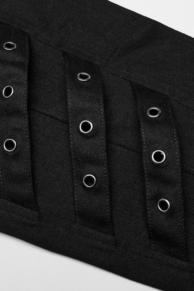 Dark Mesh Buckle-Trimmed Steampunk Pants with Hardware Accents