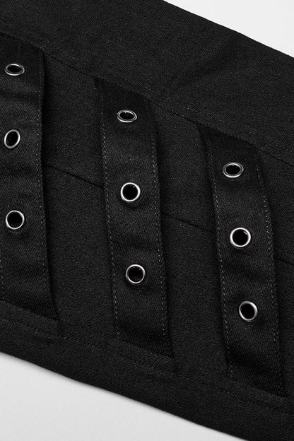 Dark Mesh Buckle-Trimmed Steampunk Pants with Hardware Accents
