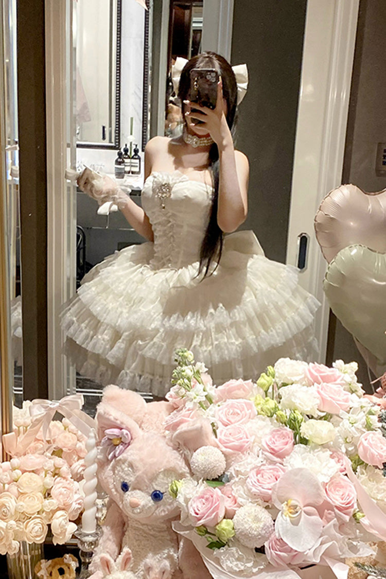 Heartbeat at First Sight Off-Shoulder Sleeveless Multi-Layered Ruffle Bowknot Lace Lace-Up Sweet Princess Gorgeous Lolita Dress in Beige
