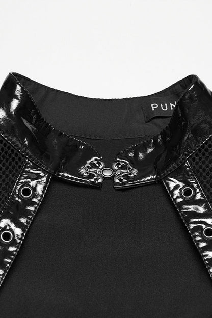 Stand Collar Short Sleeve Spliced Lace-Up Slim Mesh Buckled Punk Dress