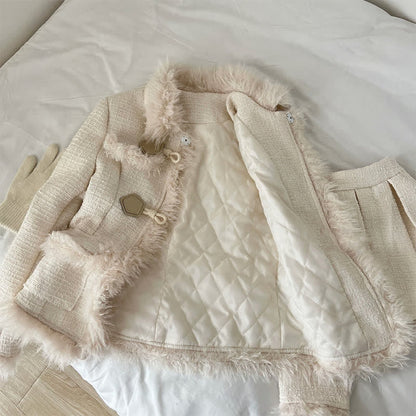 Set Mini Coat Fuzzy Pleated Skirt Elegant Lapel