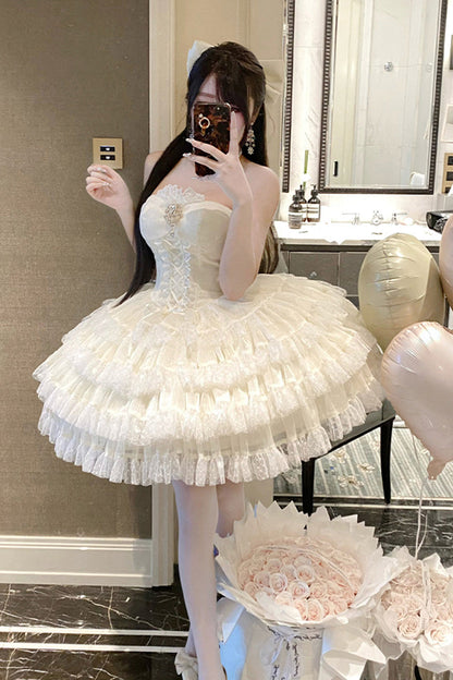 Heartbeat at First Sight Off-Shoulder Sleeveless Multi-Layered Ruffle Bowknot Lace Lace-Up Sweet Princess Gorgeous Lolita Dress in Beige