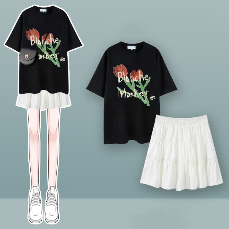 T-Shirt-Set mit Faltenrock und Tulpen-Kirschblüten-Print