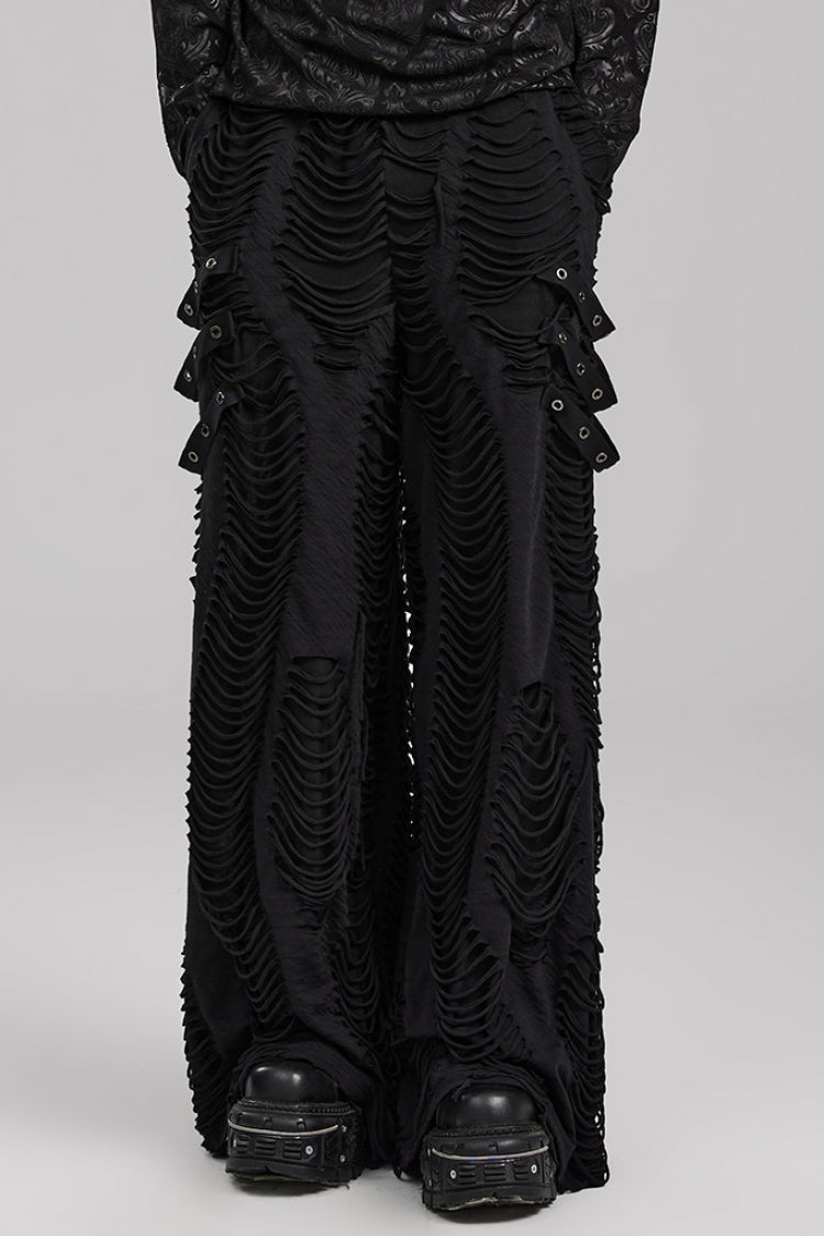 Men's Gothic Loose Pants with Horizontal Striped Ripped Distressed Detailing