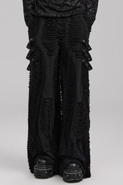 Men's Gothic Loose Pants with Horizontal Striped Ripped Distressed Detailing