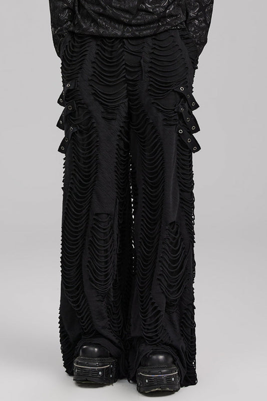 Men's Gothic Loose Pants with Horizontal Striped Ripped Distressed Detailing