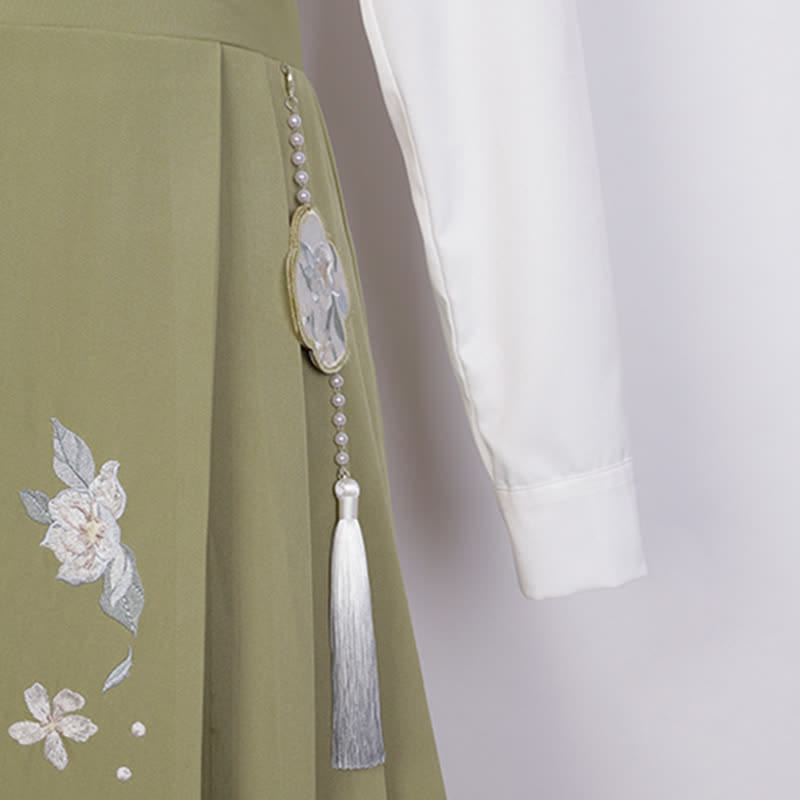 Buckle Floral Embroidery Green Dress Set