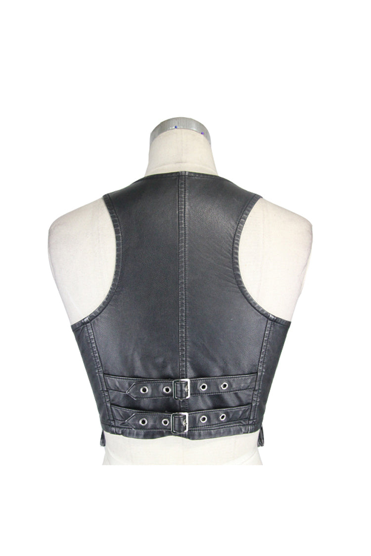 Hand-Rubbed Leather Punk Waistcoat with Hasp Zipper - Noir