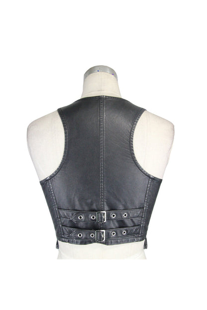 Hand-Rubbed Leather Punk Waistcoat with Hasp Zipper - Noir