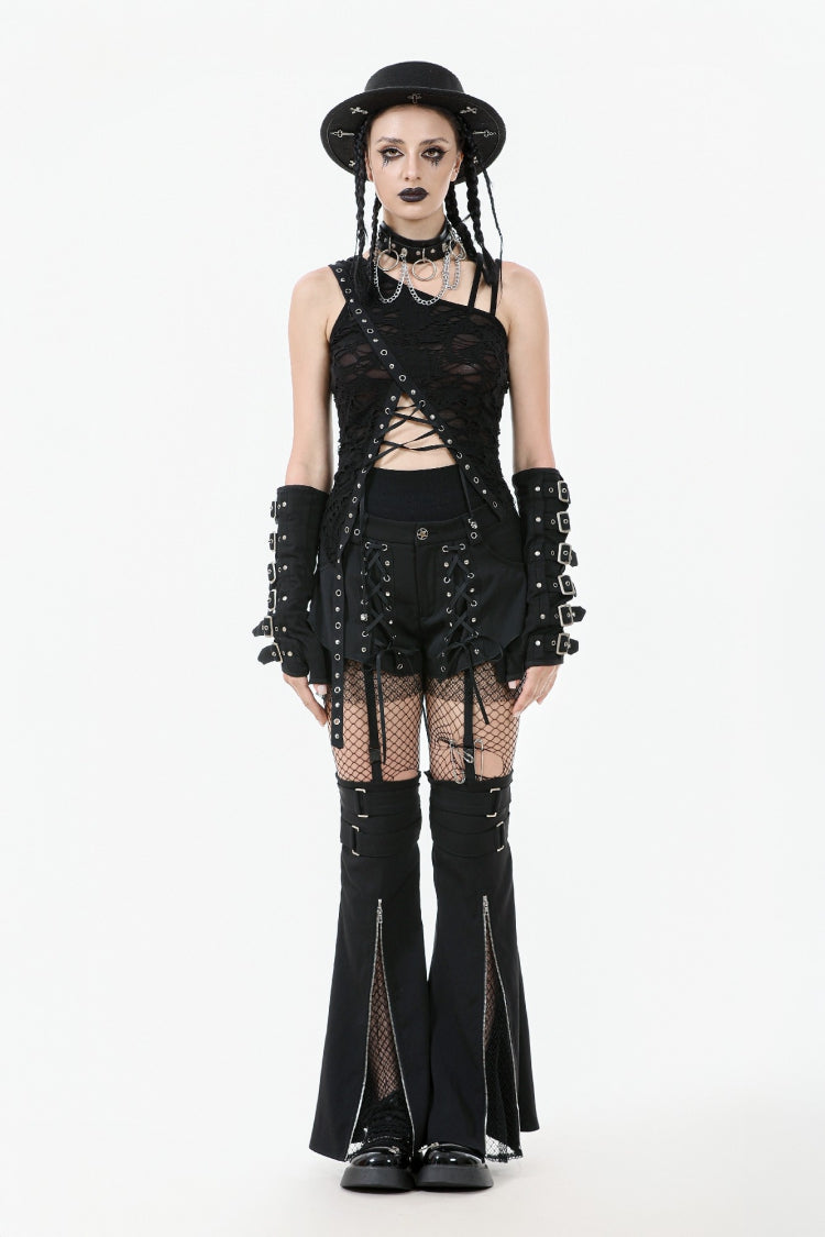 Asymmetric Hem Punk Top with Eyelet Lacing