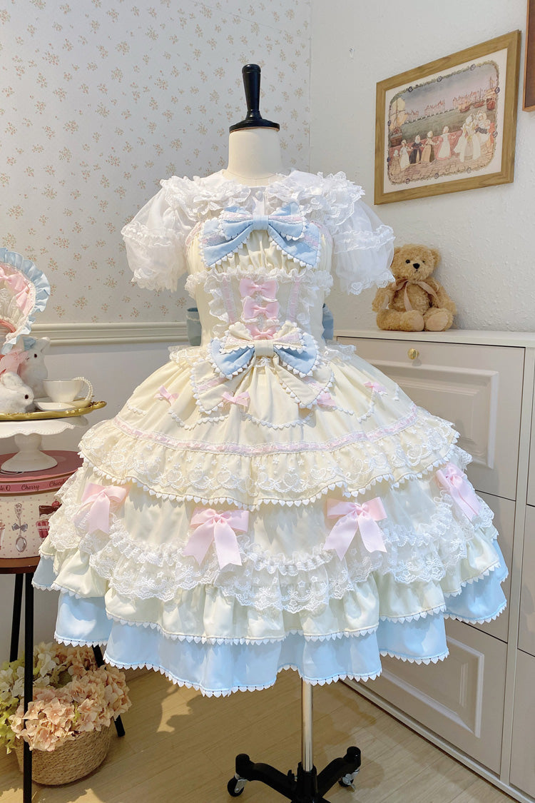 Fondant Cake Sleeveless Layered Ruffle Bow Lace Sweet Lolita JSK in Yellow Blue