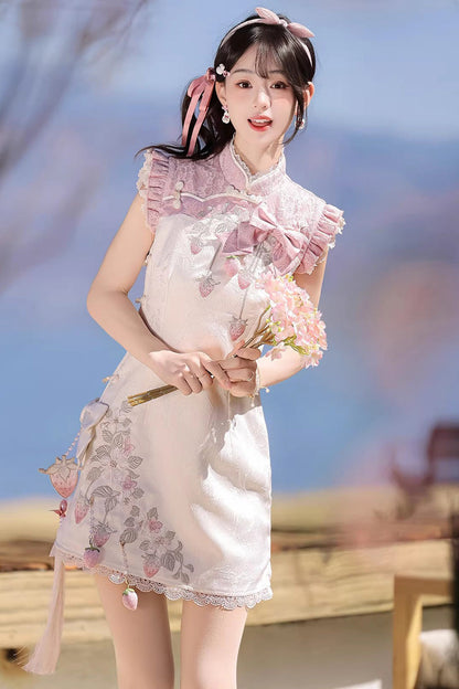 Lace Color-Blocked Chinese Style Sweet Dress - White/Pink Spring Strawberry