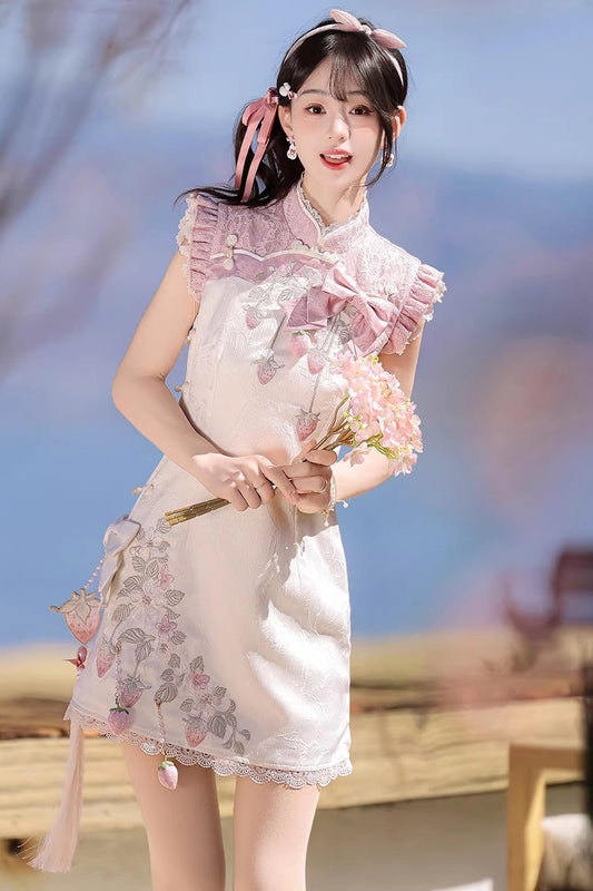 Lace Color-Blocked Chinese Style Sweet Dress - White/Pink Spring Strawberry