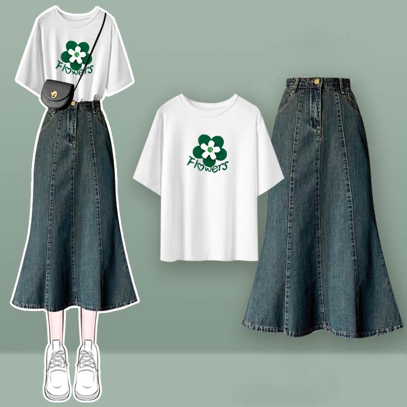 Crop Fishtail Set Tulle Top Bow Two Skirt T-Shirt Knot Denim Butterfly Pieces