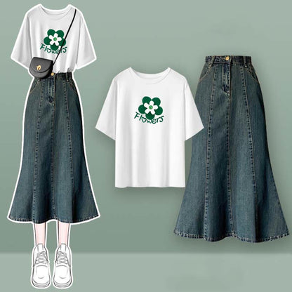 Crop Fishtail Set Tulle Top Bow Two Skirt T-Shirt Knot Denim Butterfly Pieces