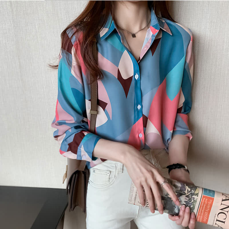 Chic Colorblock Long Sleeve Lapel Shirt