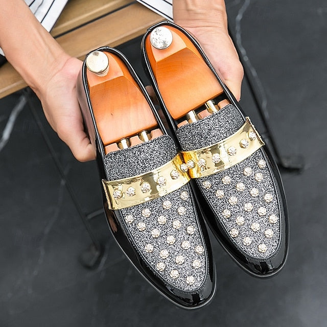 Men's Black Patent Loafers with Studded Detail and Gold