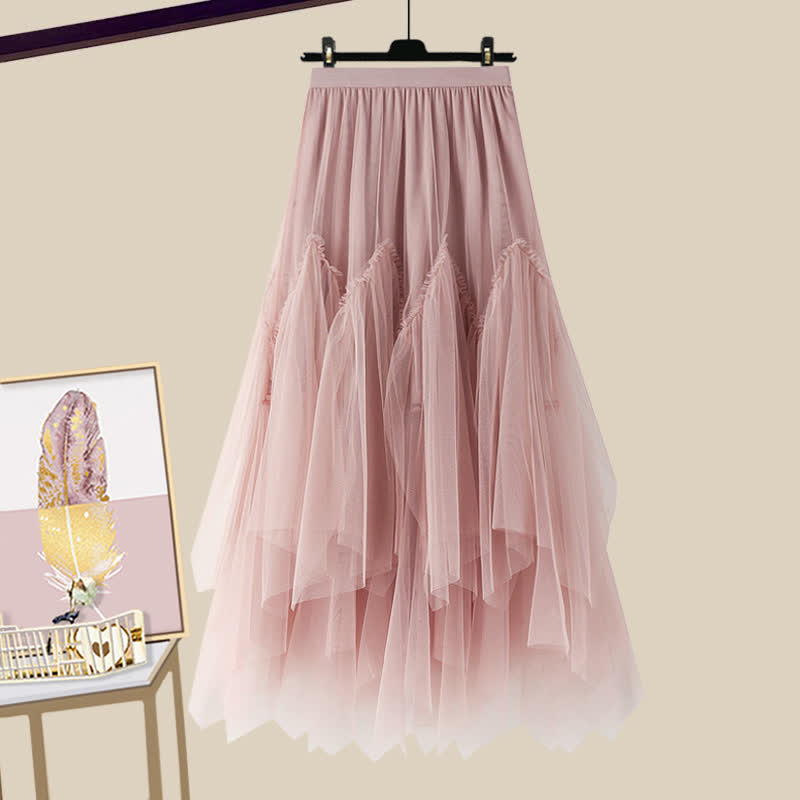 Drawstring Print Loose T-Shirt Tulle Skirt