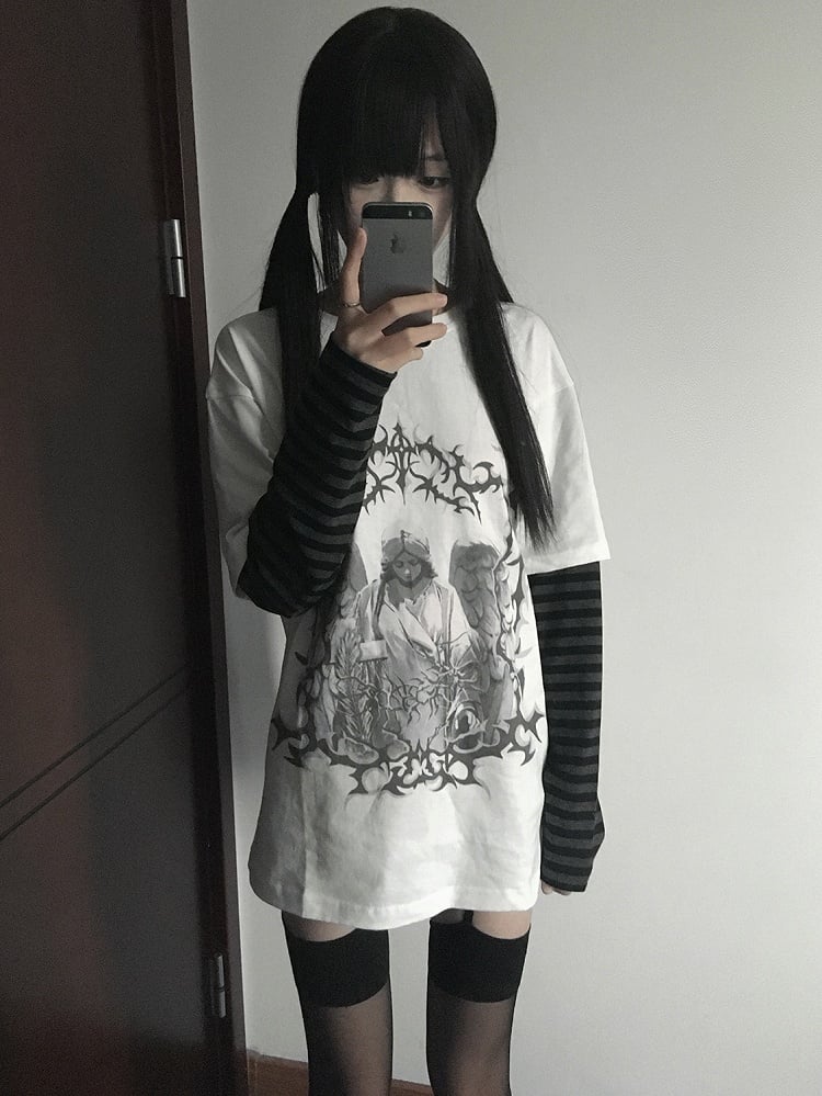 White Dark Kawaii Striped Sleeves T-shirt