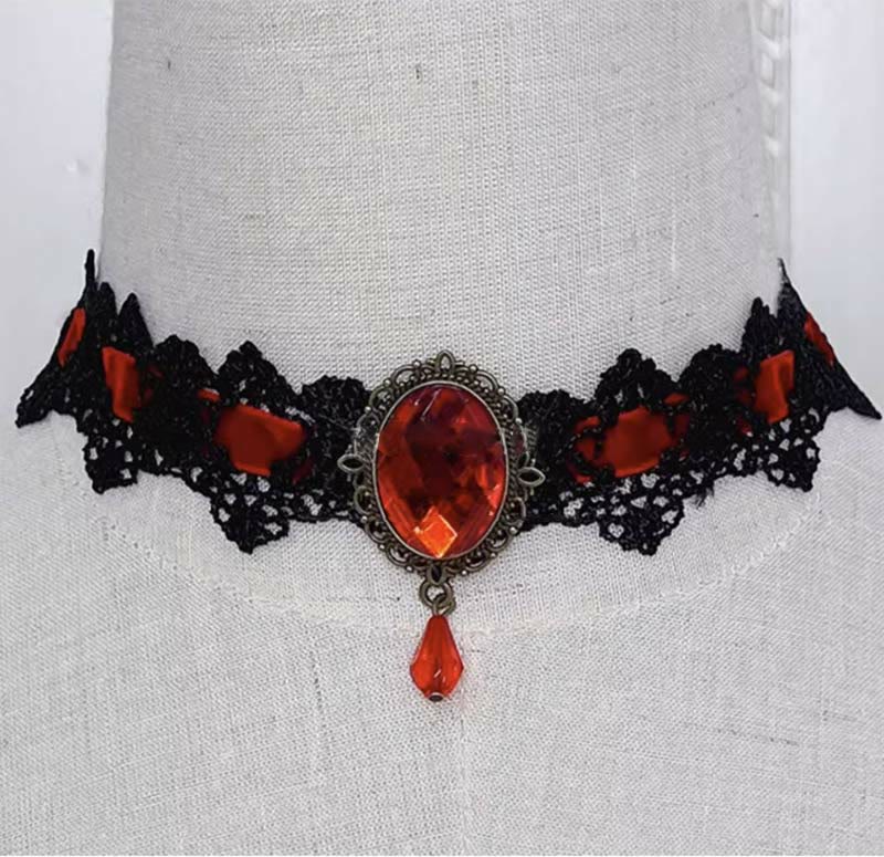 Collier ras du cou gothique punk rétro en dentelle et cristal Lolita