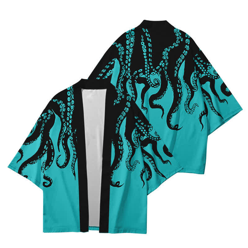 Colorblock Octopus Print Cardigan Kimono Outerwear