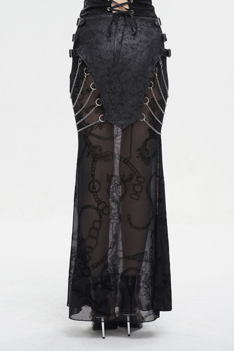 Gothic Fishtail Skirt with Sheer Panels and Chain Accents