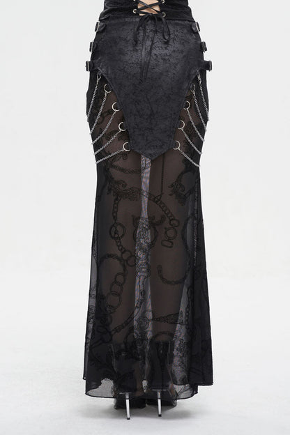Gothic Fishtail Skirt with Sheer Panels and Chain Accents